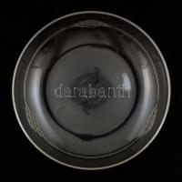 Aufsatzba való üvegtányér, geometrikus mintával díszített, metszett, peremén kis csorbával, d: 23 cm