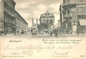 Budapest VIII. Baross utca, Józsefvárosi templom, Bodó kávéház, villamos, fogorvos, Schmidt Edgar kiadása (EK)