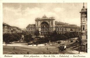 Budapest VII. Keleti pályaudvar, Baross szobor, villamos, Takács üzlete (fa)