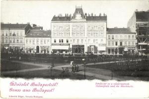 Budapest VII. István tér és a Vásárcsarnok, Laufer József bor- és sörháza, Hoffmann Albert kávé- és tejcsarnoka, Tichy József, Fuchs Ede, Bloch Salamon üzletei, Schmidt Edgar kiadása (EK)