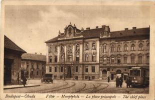 Budapest III. Óbuda, Fő tér, villamos, automobil, III. kerületi elöljáróság, vendéglő (EK)