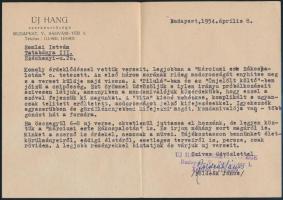 1954 Földeák János (191-1997) író, az Új hang szerkesztőjeként sk, aláírt recenziója. levélborítékka...