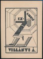 Dinnyés Ferenc (1886-1958): Art deco ex libris, Villányi Á. Fametszet, papír, jelzett a dúcon, 11×8 cm