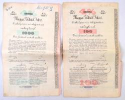 Budapest 1890. Magyar Földhitel Intézet 4%-os záloglevele 100Ft-ról, magyar, francia és német nyelven, szárazpecséttel, bélyegzésekkel és szelvényekkel, vízjeles papíron + 1895. Magyar Földhitel Intézet 4%-os záloglevele 1000Ft-ról, szárazpecséttel, magyar, francia és német nyelven, bélyegzésekkel és szelvényekkel, vízjeles papíron (3x) sorszámkövetők T:III