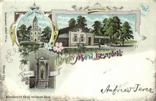 Máriabesnyő (Gödöllő), Templom, Neszveda Vendéglője, kegykép, Schwidernoch Károly floral Art Nouveau litho (EK)