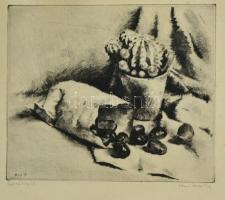 Kiss Terézia (1928-): Gesztenyék. Rézkarc, papír, jelzett, üvegezett keretben, 24×30 cm