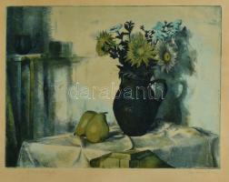 Surányi Nándor (?-): Őszi virágok. Színezett rézkarc, papír, jelzett, üvegezett keretben, 29×39 cm