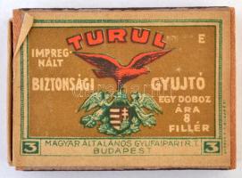 cca 1930 Turul impregnált biztonsági gyújtó - régi gyufásdoboz, tartalommal