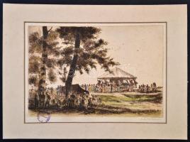 Zádor István (1882-1963): Majális, színezett rézkarc, papír, paszpartuban, 25,5×36 cm