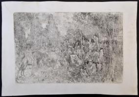 Kőnig Róbert (1951- ): Alapítás, rázkarc, papír, jelzett a rézkarcon, 30,5×45 cm