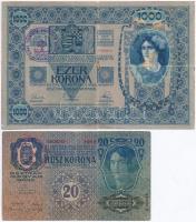 1913. 20K + 1902. 1000K mindkettő hamis "Bihar Vármegye Kisszántó Község 1910" felülbélyegzéssel (fake overprint) T:III,III-