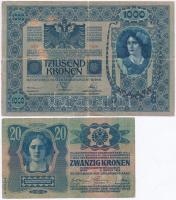 1913. 20K + 1902. 1000K mindkettő hamis "Bihar Vármegye Kisszántó Község 1910" felülbélyeg...