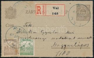 1918 Ajánlott díjjegyes zárt levelezőlap Arató 5f + 20f díjkiegészítéssel "VÁL" - "MAGYARLÁPOS" kék színű bélyegzésekkel