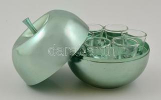 Alma formájú retró kupicás készlet, fém, üveg kupicás poharakkal, 11×11 cm