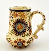 cca 1890 Fischer Ignác korsó, kézzel festett, aranyozott porcelánfajansz,  arany festés több helyen lekopott, jelzett  "Fischer I. Budapest"  m: 14 cm / Fischer jug, hand-painted, slightly worn gold paint