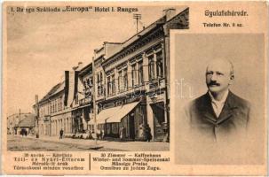 Gyulafehérvár, Karlsburg, Alba Iulia; Hotel Európa, első rangú szálloda, Judovits Jenő, Náder János üzletei, Népbank. A szálloda reklámlapja, Jos. Drotleff / the hotels advertisement card, shops, bank (EK)