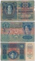 1913. 20K (2x) + 1916. 1K + 1917. 2K szerb felülbélyegzésekkel + 1915. 10K román felülbélyegzéssel T...