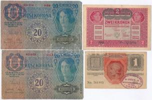 1913. 20K (2x) + 1916. 1K + 1917. 2K mindegyik Deutschösterreich felülbélyegzéssel és hamis A Magyarországi Tanácsköztársaság követsége - Bécs bélyegzésekkel (fake overprint) T:III