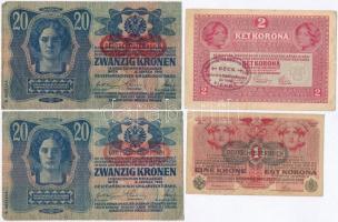 1913. 20K (2x) + 1916. 1K + 1917. 2K mindegyik "Deutschösterreich" felülbélyegzéssel és ha...