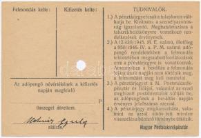 1946. 100.000AP nem kamatozó Pénztárjegy "Másra Át Nem Ruházható", "Magyar Királyi Po...
