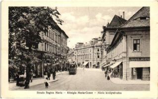 Nagyszeben, Hermannstadt, Sibiu; Strada Regina Maria / Königin Maria-Gasse / Mária királyné utca, villamos, Julius Wermescher üzlete, Jos. Drotleff kiadása / street view, tram, shops (EK)