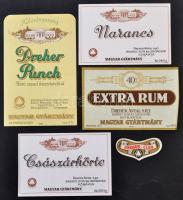 cca 1930-1940 5 db különféle Dreher italcímke: brandy, pálinka, gin, 3x5,3 és 14x9 cm közötti méretben