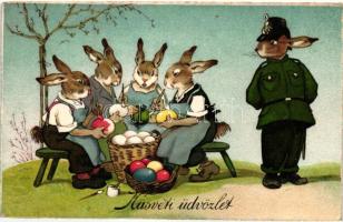 Húsvéti üdvözlet / Easter greeting card with rabbits painting eggs, litho
