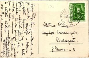 Húsvéti üdvözlet / Easter greeting card with rabbits painting eggs, litho