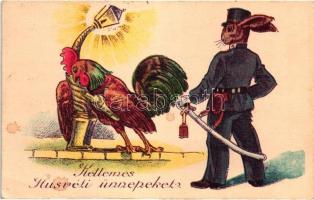 Kellemes Húsvéti Ünnepeket! / Easter greeting card with drunken rooster leaning on a lamp pole, rabbit officer, humorous (EK)