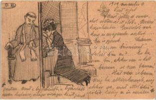 Óráját néző pap és hosszan gyónó hölgy. Kézzel rajzolt grafikai művészlap / Lady confessing to the priest. Hand-drawn graphic art postcard, 5f Ga. (EK)