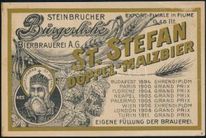cca 1915 Kőbányai Polgári Serfőzde Szent István dupla malátasör, exportra gyártott, német nyelvű sörcímke, 8x12 cm / Steinbrucher Bürgerliche Bierbrauerei beer label, 8x12 cm