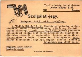 Turul Szövetség Iparrajziskolások Hollós Mátyás B. E. szolgálati jegye, meghívás törzstáborra / Hungarian irredenta invitation postcard (EK)