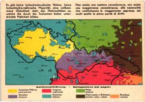 Nincs csehszlovák nemzet, nincs csehszlovák többség, teljes egyenjogúság illeti a csehek által eddig elnyomott többséget alkotó nemzetiségeket. A Magyar Nemzeti Szövetség kiadása / Anti-Czechoslovakian propaganda, irredenta map (EK)