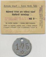 Csehszlovákia / Vágsellye 1937. Artézi fürdő kádfürdő bérletjegy + Al biléta 175-ös sorszámmal T:2,2- Czechoslovakia / Šaľa 1937. Artesian bath bath tub ticket + Al tag with 175 serial number C:XF,VF