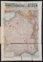 cca 1916 Franciaroszág és Belgium háborús térképe, 1:1.500.000, Bródy-féle háborús térképek 13, Bp., Bródy József, Magyar Litográfiai és Nyomdai Műintézet, szakadozott, széteső állapotban, 79x56 cm.