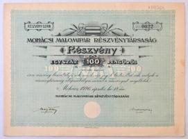 Mohács 1926. "Mohácsi Malomipar Részvénytársaság" részvény 100P-ről, szelvényekkel és szárazpecséttel T:II