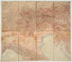 cca 1900-1910 Alpok és Észak-Itália térképe, 1:750.000, vászonra kasírozva, bejelölésekkel, a vászon hátoldala foltos, 67x79 cm./ cca 1900-1910 Map of Alps, and Northern Italy, 1:75.000, on canvas, with marks,the back of the canvas is spotty, 67x79 cm.