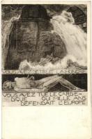 4 db régi irredenta művészi motívumlap, 2 Némethy Miklós ciklusából (II. kép Demarkációs vonal Magya...