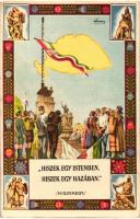 Hiszekegy. Az Ereklyés Országzászló Nagybizottság kiadása / Hungarian irredenta art postcard s: Lamoss (fa)