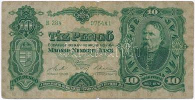 1929. 10P T:III- kis szakadás, ly. Hungary 10 Pengő C:VG small tear, hole Adamo P8