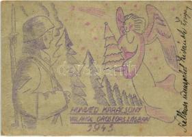 1943 Honvéd Karácsony valahol Oroszországban. Második világháborús tábori posta, grafika / WWII Hungarian graphic military field post, Christmas greeting (EK)