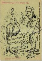 1942 Inkább Ukrajnában, mint magyar földön dúljon a háború! Sok-sok üdvözlet idegenből! Második világháborús tábori posta, humoros grafika / WWII Hungarian humorous, graphic military field post s: Dermesch (EK)