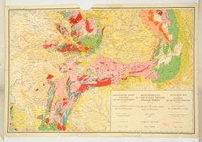 cca 1928 Magyarország és a vele határos területek földtani térképe, öszeáll: M. Kir. Földtani Intézet, 1914-es határok szerint, Bp. M. Kir. Földtani Intézet, egy lap, négy lapban teljes, szakadt, sérült, hiányos, 63x94 cm.
