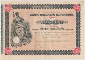 Budapest 1926. Belvárosi Takarékpénztár Részvénytársaság öt részvénye egyben 250P-ről, szárazpecséttel, bélyegzéssel és szelvényekkel T:III