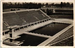 1936 Berlin, Olympische Spiele, Reichssportfeld. Blick von der Deutschen Kampfbahn auf das Schwimmstadion / Summer Olympics in Berlin, swimming pool