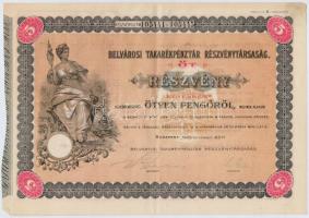 Budapest 1926. Belvárosi Takarékpénztár Részvénytársaság öt részvénye egyben 250P-ről, II. kibocsátás, szárazpecséttel, bélyegzéssel és szelvényekkel T:III
