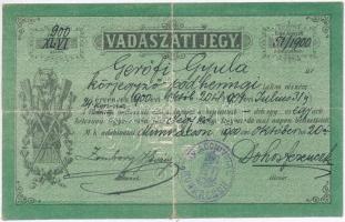 Munkács 1900. "Vadászati Jegy" kitöltve, 24K értékben, bélyegzéssel T:III