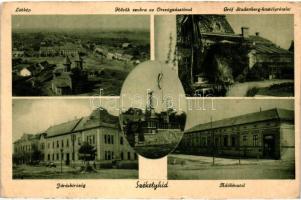 Székelyhíd, Sacueni; látkép, Hősök szobra, Országzászló, Gróf Studenberg kastély, Járásbíróság, Adóhivatal, Kovács kiadása / general view, Heores&#039; monument, Hungarian flag, castle, court, tax office (EK)