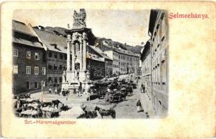 Selmecbánya, Schemnitz, Banska Stiavnica; Szentháromság szobor, kávéház, vásár / Trinity statue, café, market (fl)