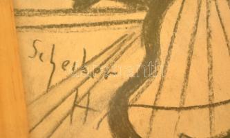 Scheiber jelzéssel: Primadonna az asztalnál. Szén, papír, üvegezett keretben,  30×20 cm